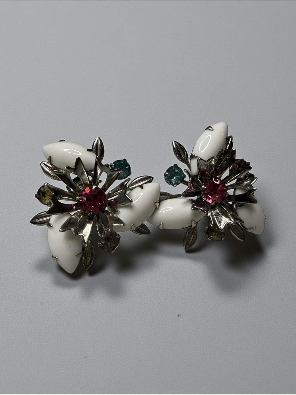 Vintage Milk Glass Rhinestone Floral Clip On Earrings Mid Century